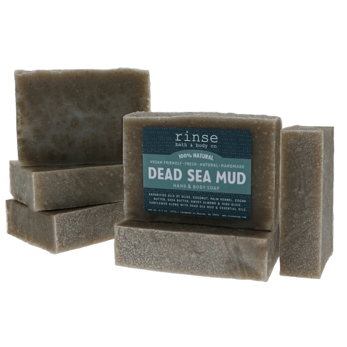Dead Sea Mud soap bars with a 'rinse' label on a white background