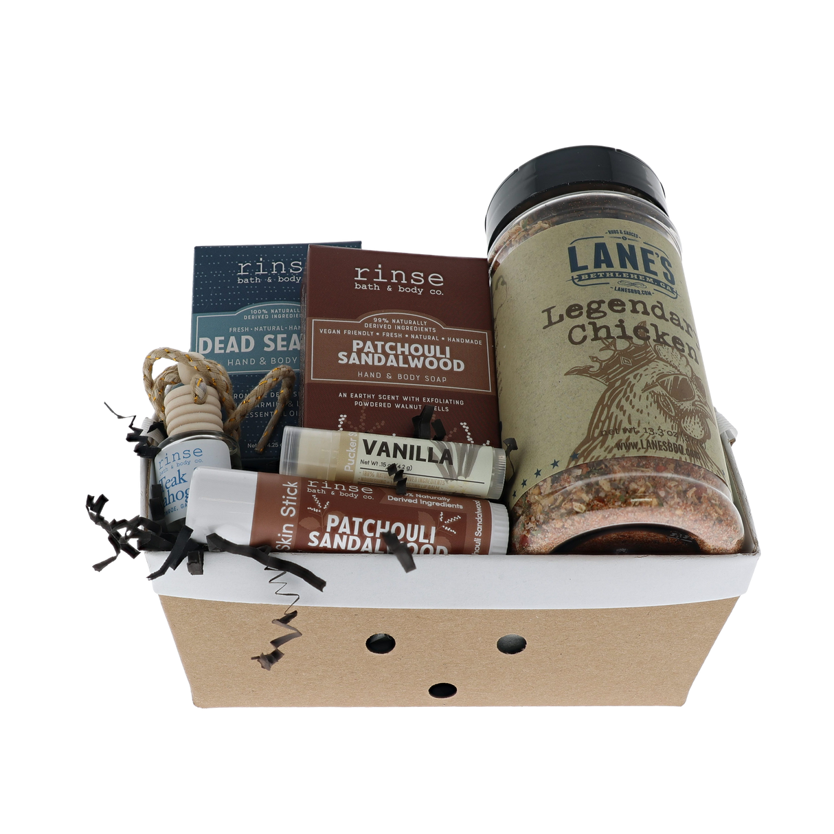 Patchouli Sandalwood crate with Rinse soaps, diffuser, skin stick and Lane's Legendary Chicken rub