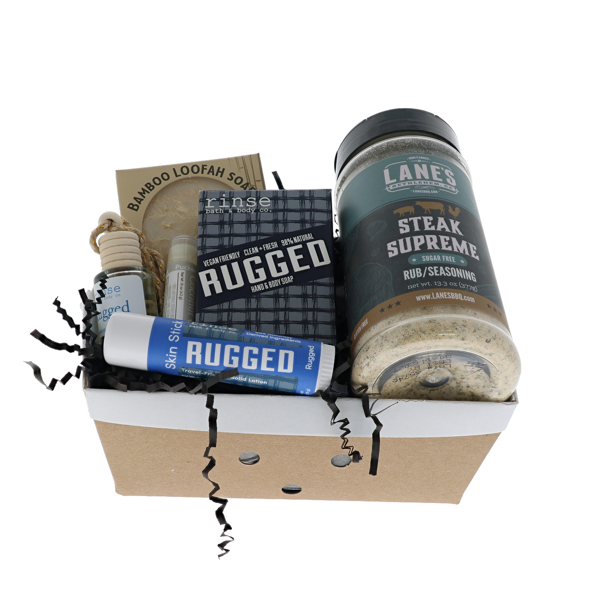 Rugged Grill Master gift crate with Rinse soap, skin stick, car diffuser and Lane's Steak Supreme rub