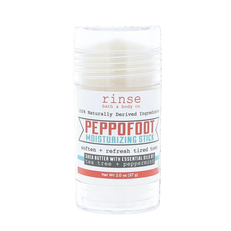 Peppermint foot moisturizing stick with 'rinse' branding on a green background