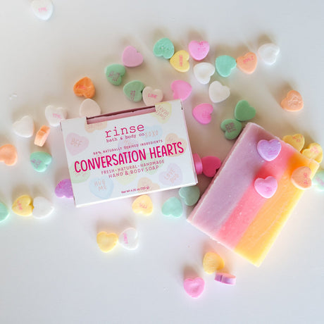 Valentine's boxed soaps and lip balms — seasonal flat lay