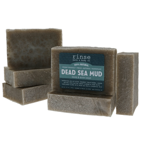 Dead Sea Mud soap bars with a 'rinse' label on a white background