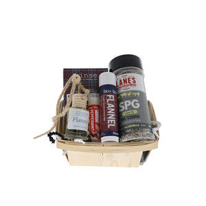 Classic Good Ole Dad bundle in wooden berry basket with Rinse Flannel soap, skin stick, car diffuser and Lane's SPG rub
