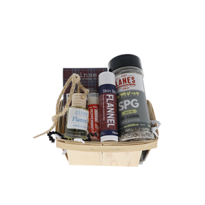Classic Good Ole Dad bundle in wooden berry basket with Rinse Flannel soap, skin stick, car diffuser and Lane's SPG rub