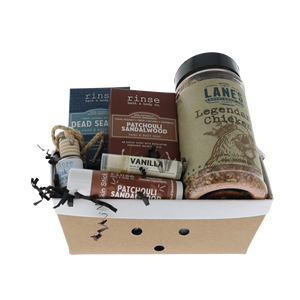 Patchouli Sandalwood crate with Rinse soaps, diffuser, skin stick and Lane's Legendary Chicken rub