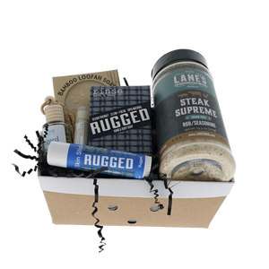 Rugged Grill Master gift crate with Rinse soap, skin stick, car diffuser and Lane's Steak Supreme rub