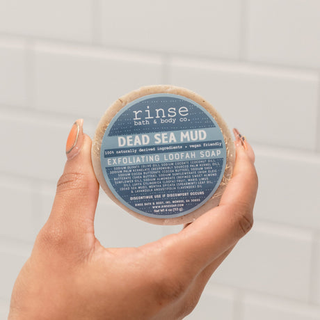 Dead Sea Mud Loofah handmade natural bar soap from Rinse - paraben-free since 2003 - lifestyle shot