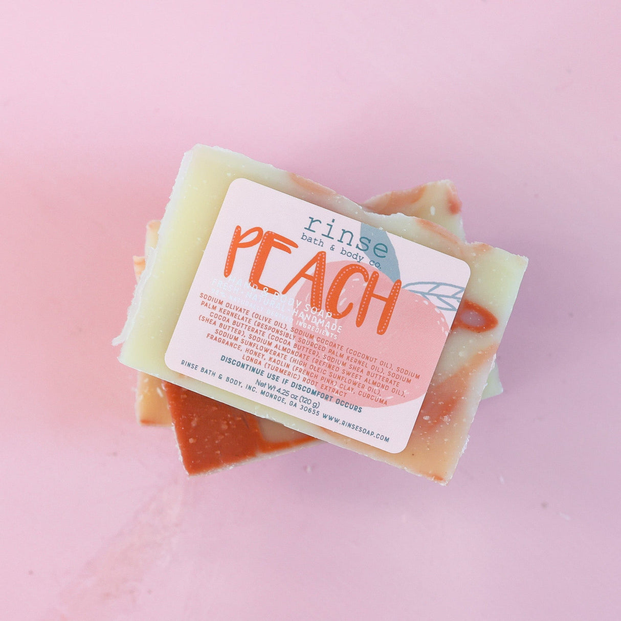 Rinse Peach handmade natural bar soap - moisturizing and gentle - back label