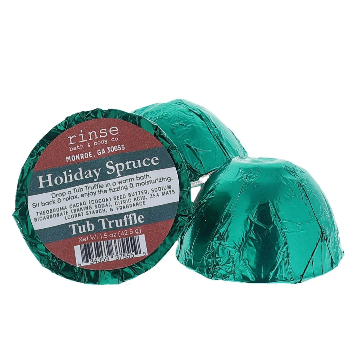 Holiday Spruce bath bomb from Rinse - cocoa butter infused - alternate angle