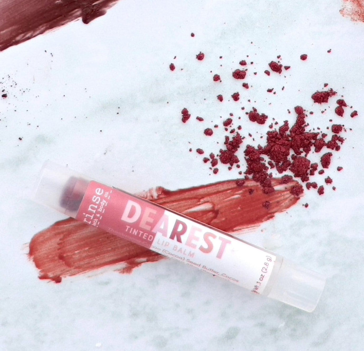 Handmade Dearest tinted natural lip balm - naturally derived - detail view